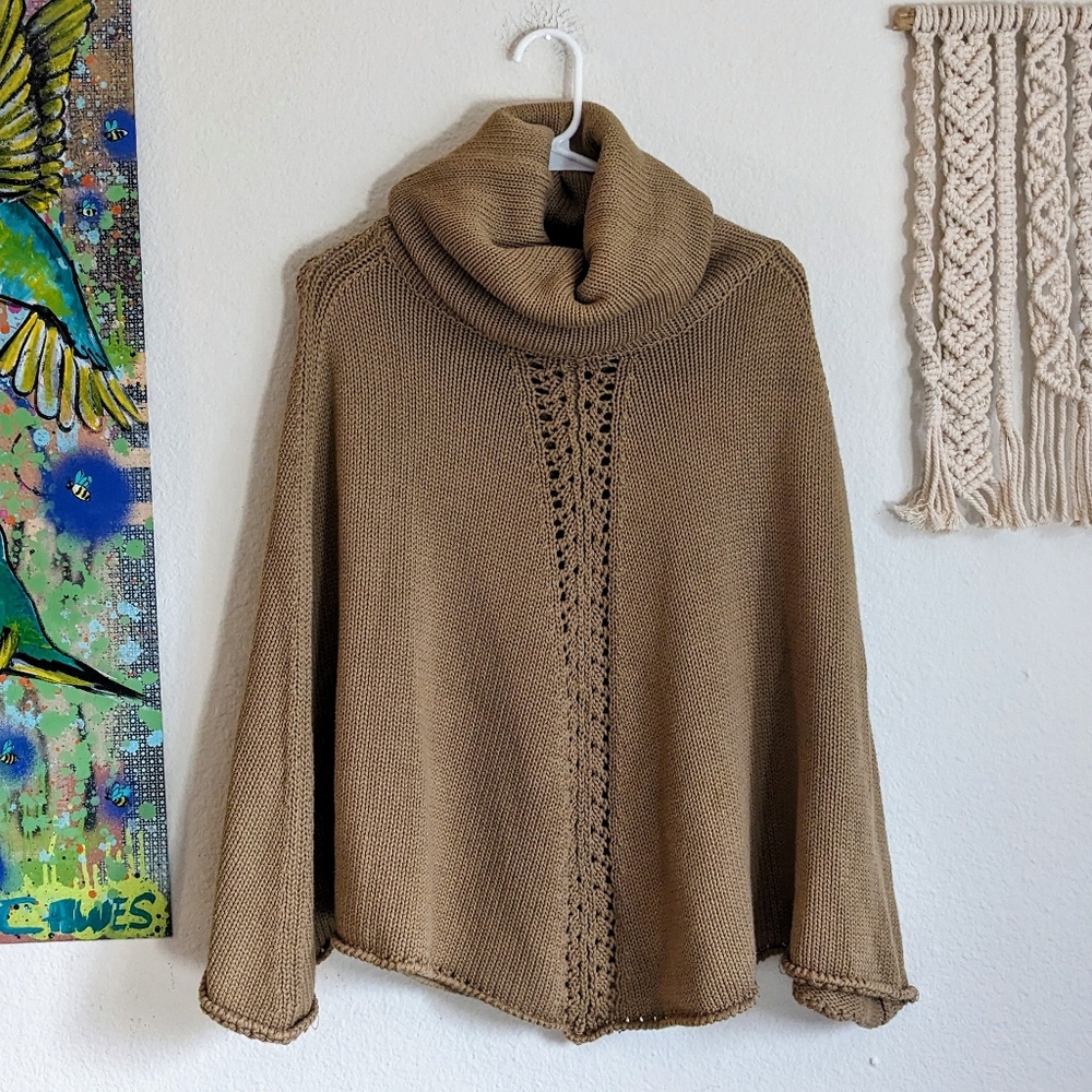 Elizabeth Gillett Tan Brown Knit Turtleneck Cowl Neck Poncho Cape OSFM